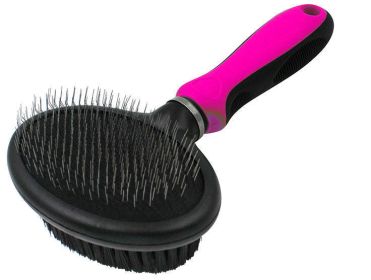 Pet Life Flex Series 2-in-1 Dual-Sided Slicker and Bristle Grooming Pet Brush (Color: pink)