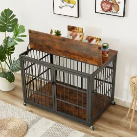 Furniture style dog crate wrought iron frame door with side openings, Grey, 43.3''W x 29.9''D x 33.5''H. (Color: Rustic Brown)